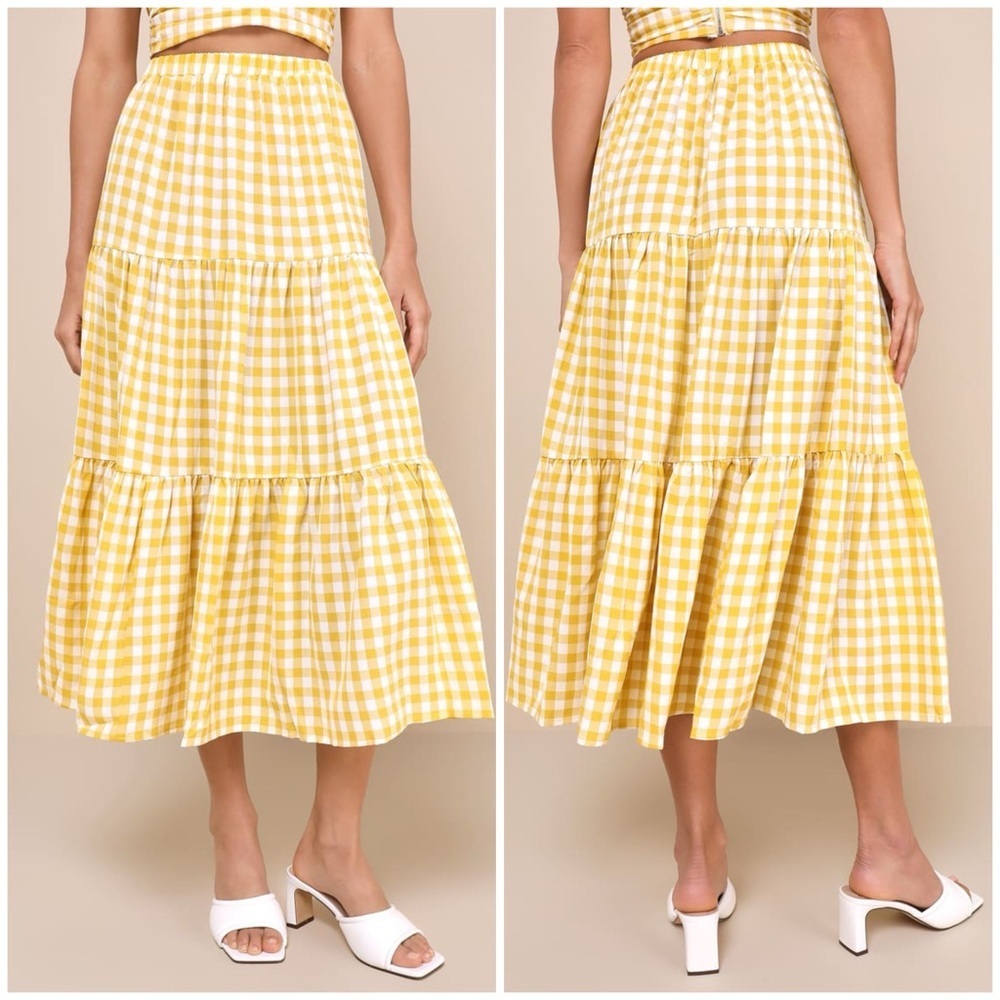 Petal & Pup Yellow Gingham A-Line Tiered Midi Skirt